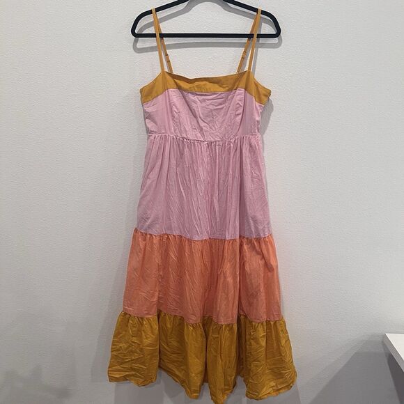 J.Crew Reimagined Tiered Color Block Pink Orange Midi Dress With Pockets Size 12 - Picture 3 of 11
